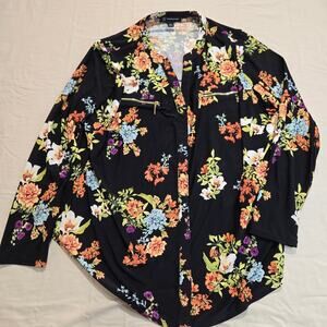 INC International Concepts Floral Zip-Pocket Long Sleeve Pullover Top Sz OX Fall